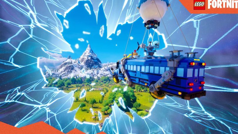 a blue school bus with a hot air balloon is flying through a broken glass window .