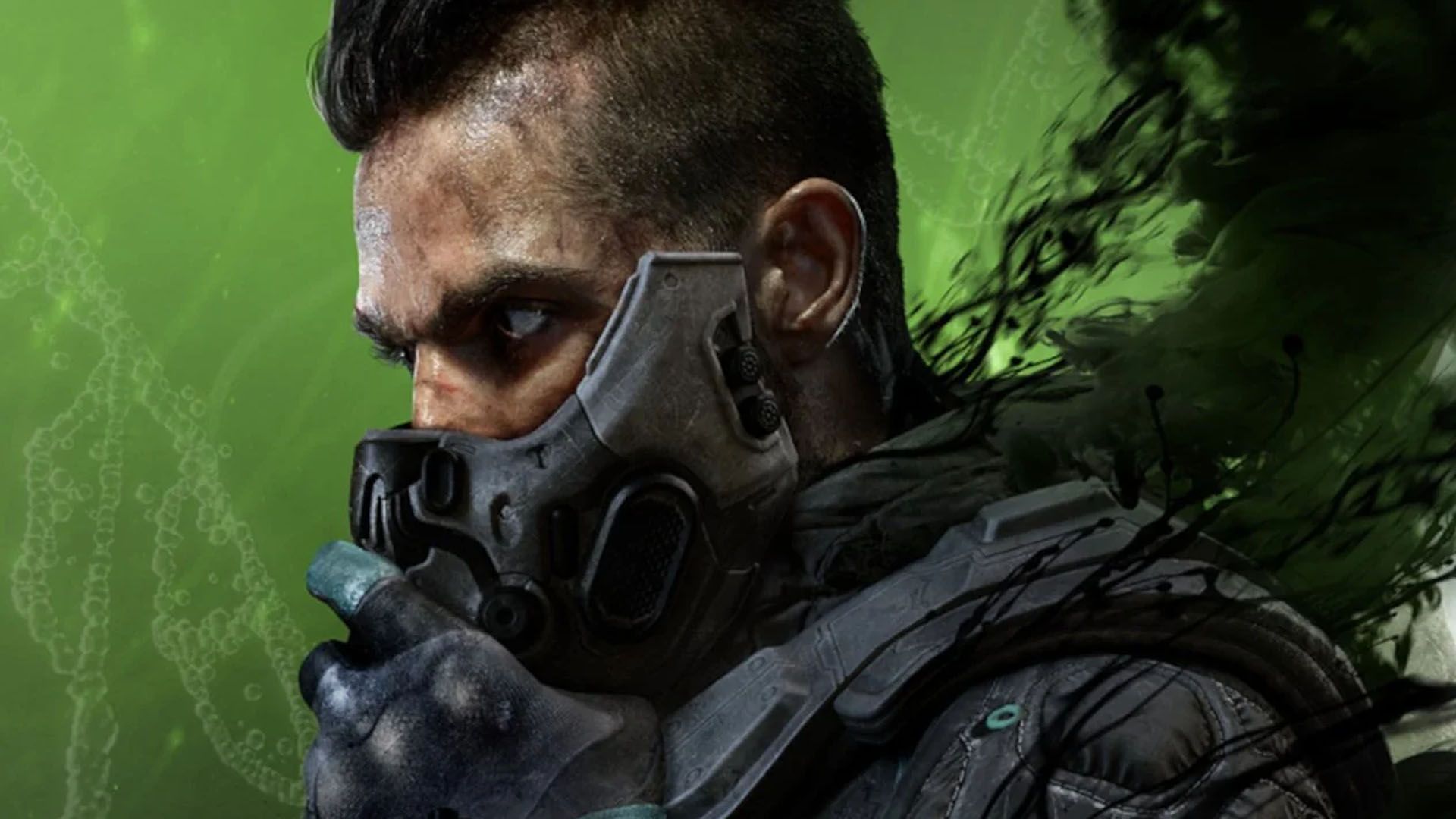 Modern Warfare 3 Soap wearing a gas mask on a pale green and black background