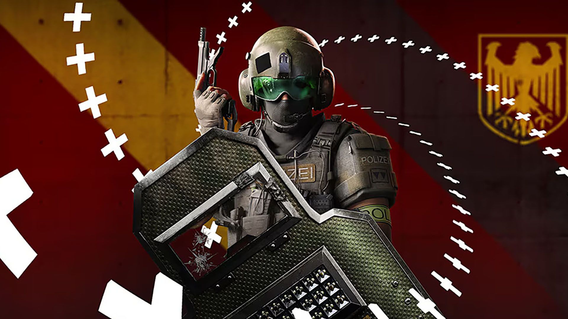 Image of XDefiant GSK faction character holding a shield