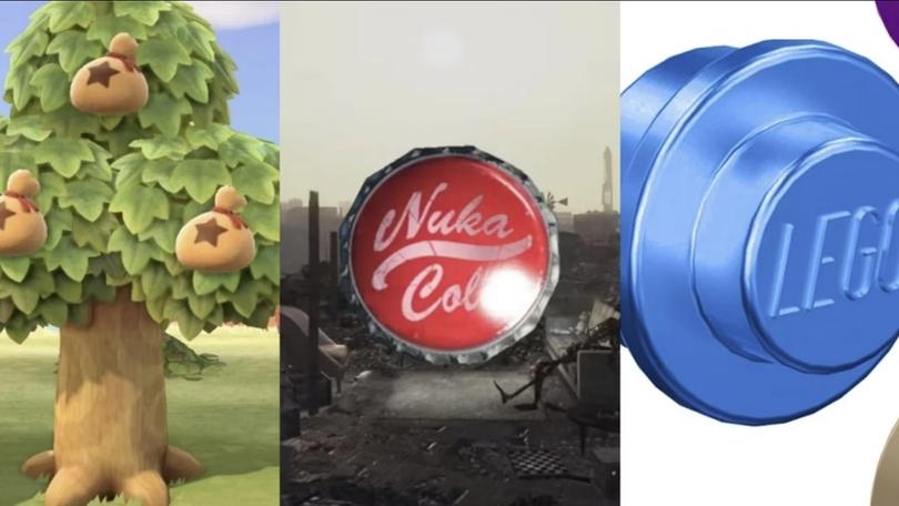 a picture of a tree , a nuka cola logo , and a lego logo