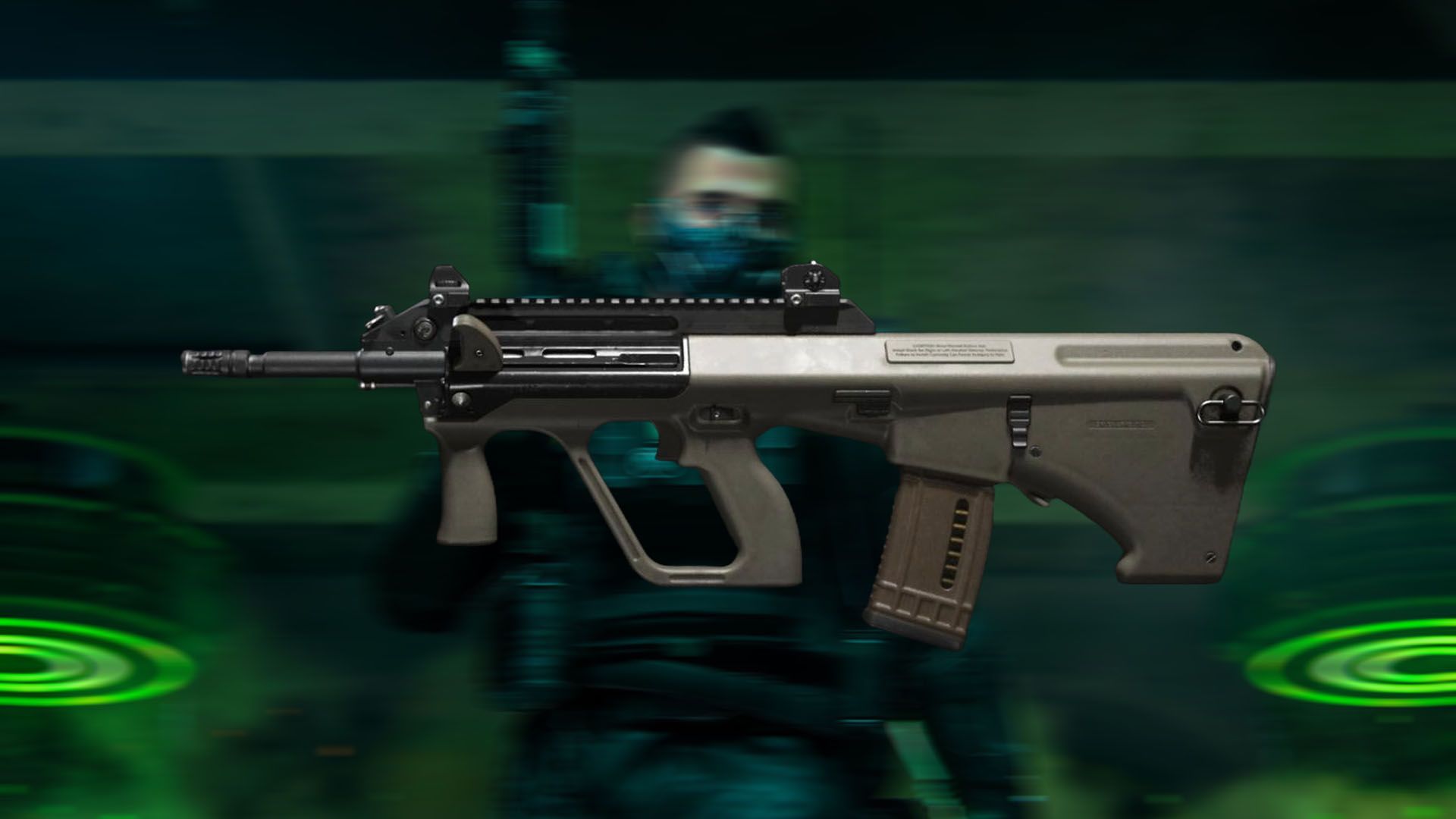 Warzone STB 556 assault rifle on background of blurred Call of Duty player