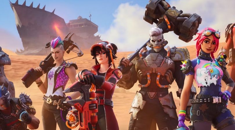 Fortnite Wrecked key art with all of the latest skins standing in a desert-style landscape
