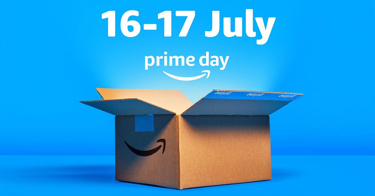 An Amazon cardbord box opening to unveil Prime Day's dates in front of a blue backdrop.