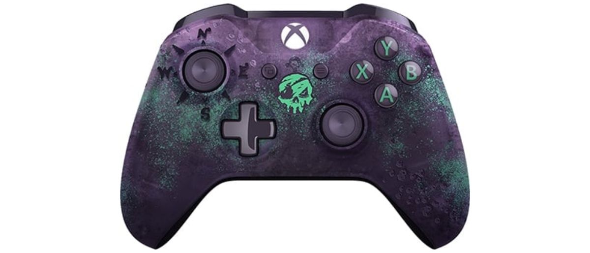 Sea of Thieves Xbox One Wireless Controller in dark purple with glowing green details including a skull.