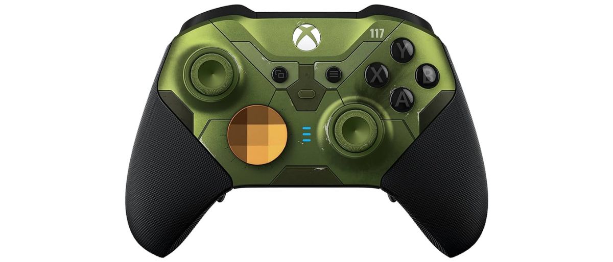 Halo Infinite Xbox Elite Series 2 Controller in dark green and black to look like Master Chief armor.