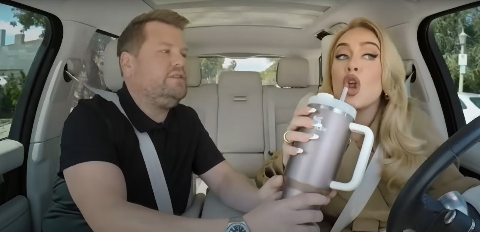 James Cordon and Adele, pictured holding a Stanley Quencher Cup