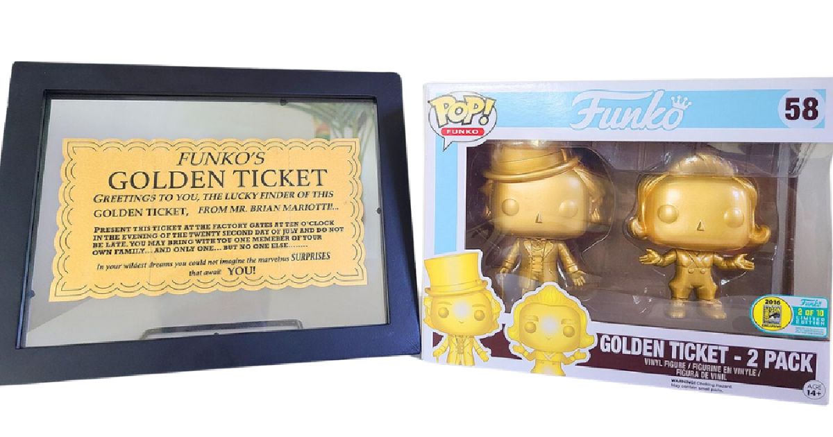 Willy Wonka & Oompa Loompa Golden Ticket Funko Pops in their box next to a golden ticket.