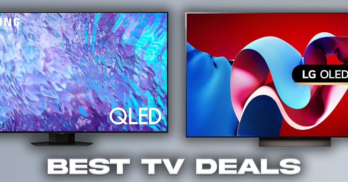 A Samsung QLED TV with a purple and blue rippling pattern on the display next to an LG TV with a red and blue pattern on the display.