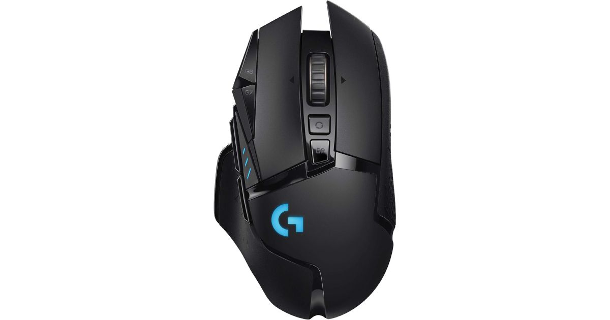 Logitech G502 Lightspeed product image of a black ergonomic wireless mouse featuring blue lighting.