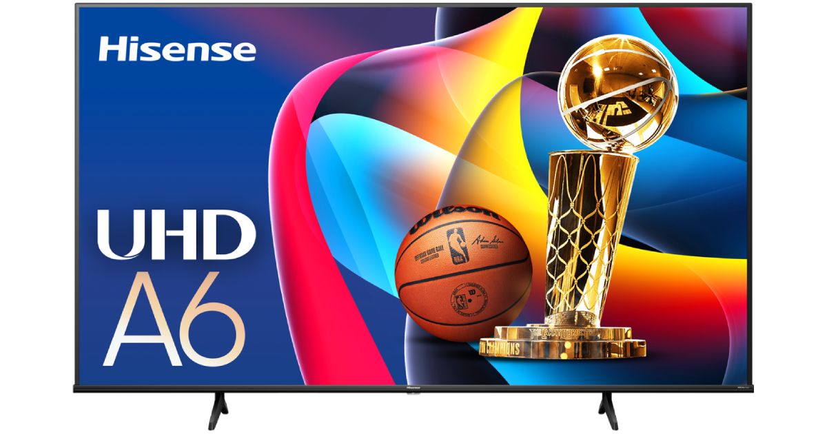 Hisense A6 product image of a black TV featuring a gold basketball trophy next to a basketball on the display.