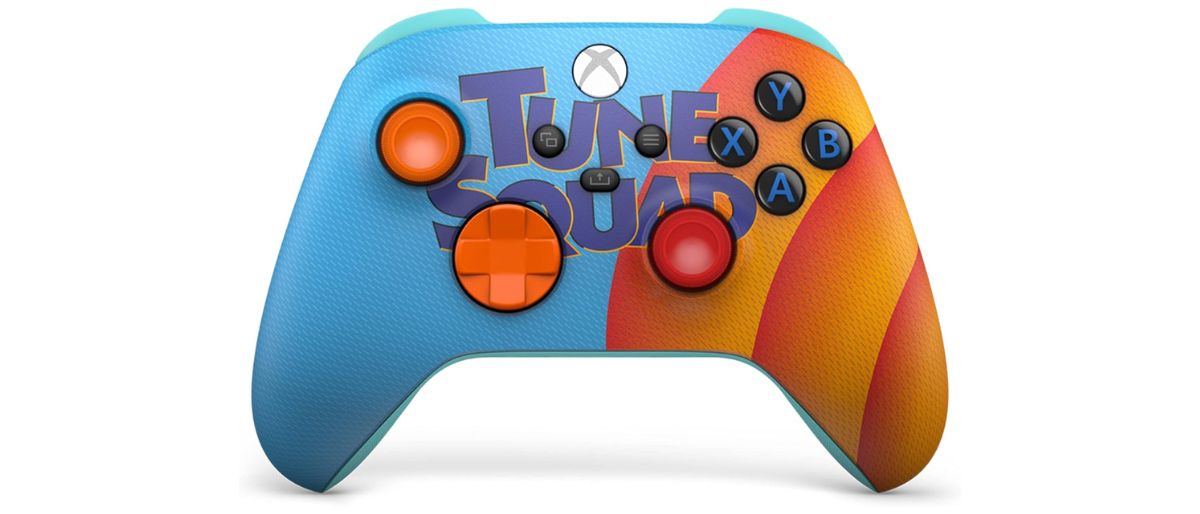 Space Jam: A New Legacy Xbox Series X/S Controller in orange and blue and featuring "Tune Squad" branding.