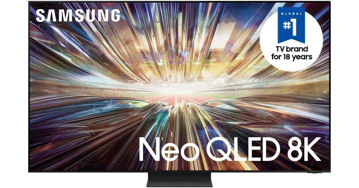 Samsung QN800D product image of a black near-frameless TV with a bright yellow light on the display.