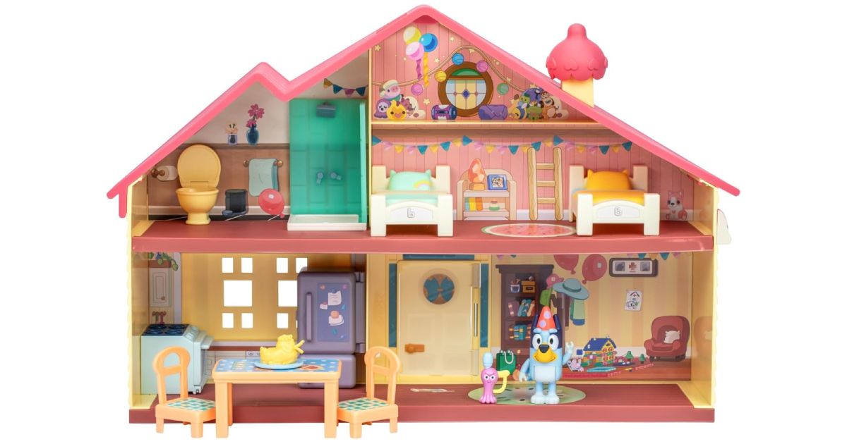 Bluey Celebration Home Playset in orange and pink with Bluey characters inside.