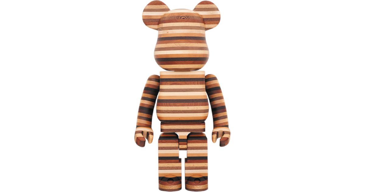 A horizontal wood-patterned Bearbrick.