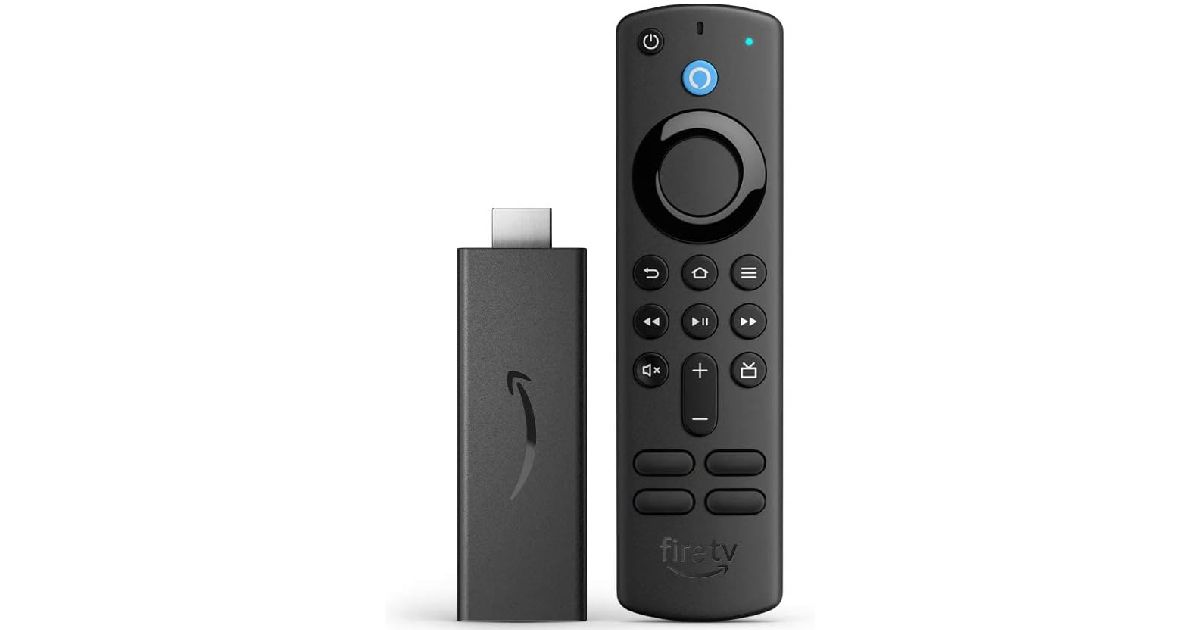 Amazon Fire TV Stick product image of a USB dongle next to a black remote.