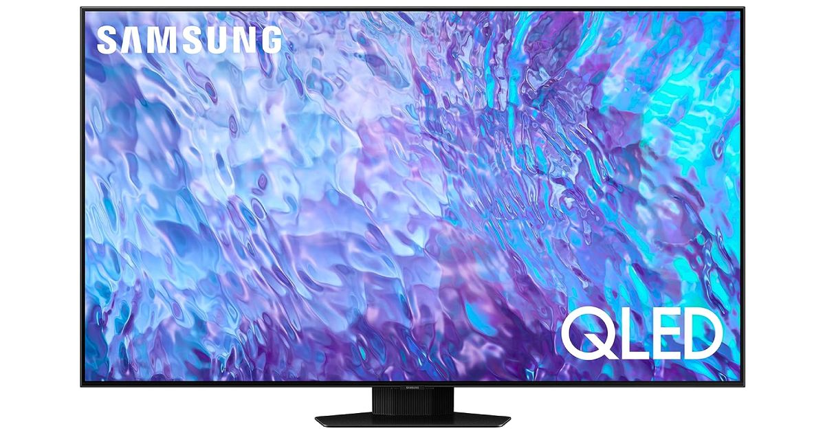 Samsung Q80C product image of a black TV featuring a purple and blue rippling pattern on the display.