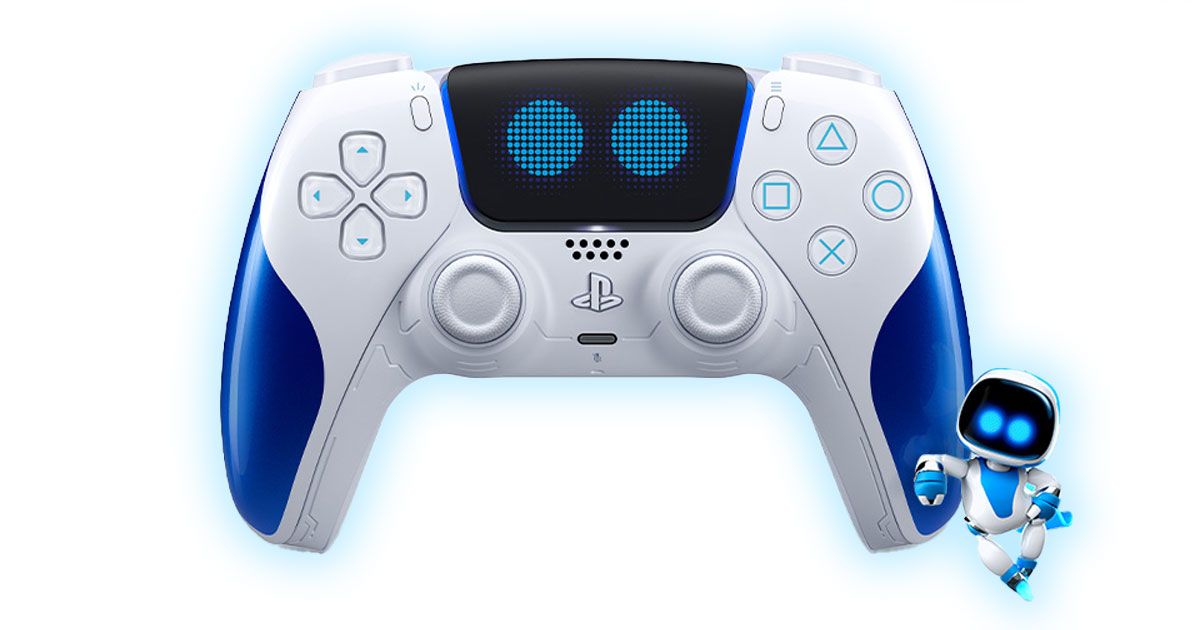 A white Astro Boy PS5 DualSense controller with blue trim with Astro Bot leaning against it.