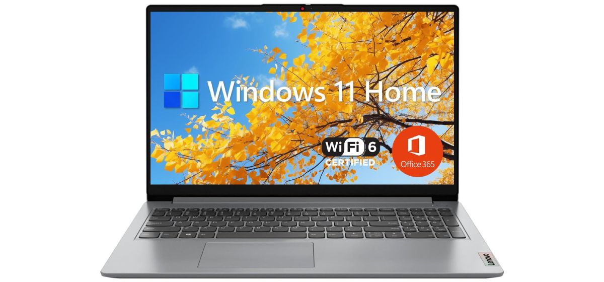 Lenovo IdeaPad 1 product image of a light silver laptop with Windows 11 Home branding on the display.