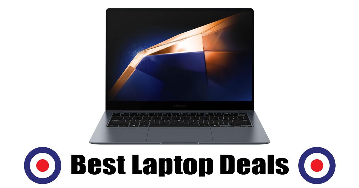 A dark gray, thin Samsung laptop above "Best Laptop Deals" branding with Stock Informer logos either side.