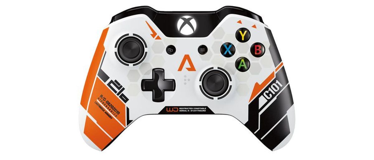 Titanfall Xbox One Wireless Controller in white, orange, and black.