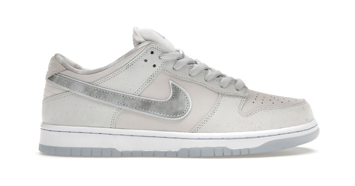 A Nike SB Dunk Low dressed in various shades of gray.