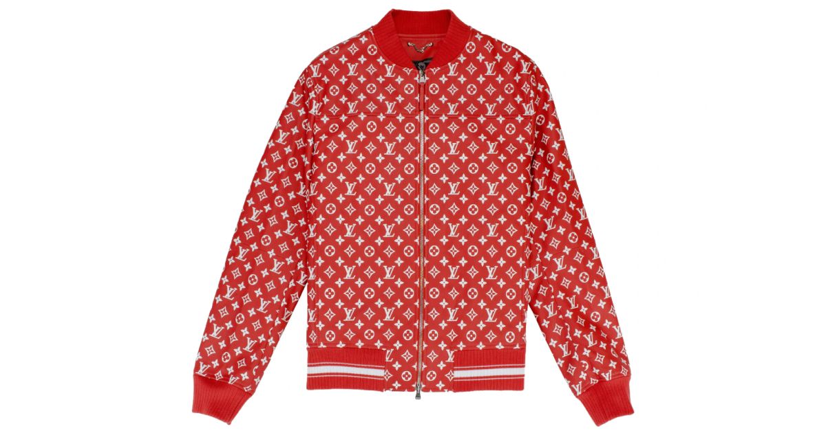 A red jacket with a white monogram LV pattern across it.