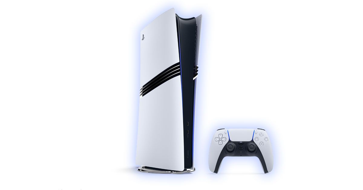 A white PS5 Pro with three black lines going aross it next to a white and black PS5 controller.