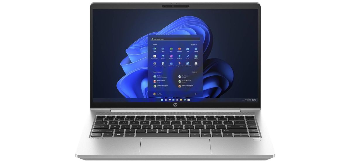 HP ProBook 445 G10 product image of a silver and black laptop with Windows 11 on the display.