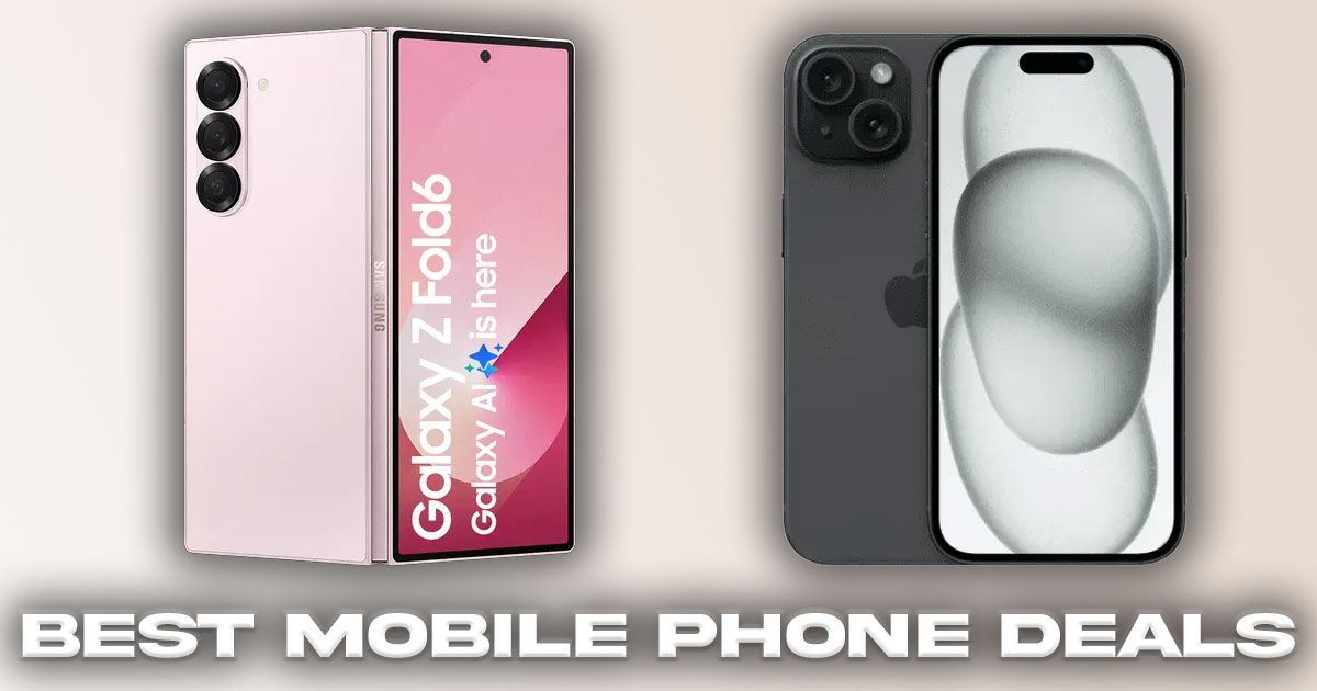 A pink Samsung folding phone next to a black iPhone 15, both of which are above "BEST MOBILE PHONE DEALS" branding.