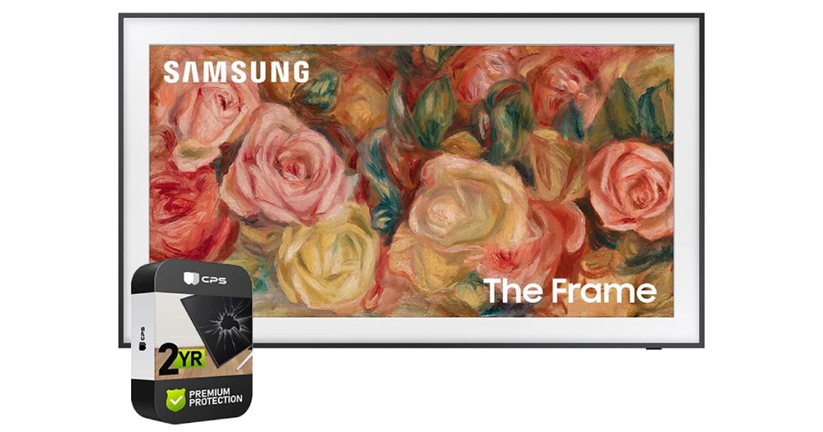 Samsung QN43LS03DAFXZA product image of a TV with a white border around the edge and a CPS Protection Pack to the side.