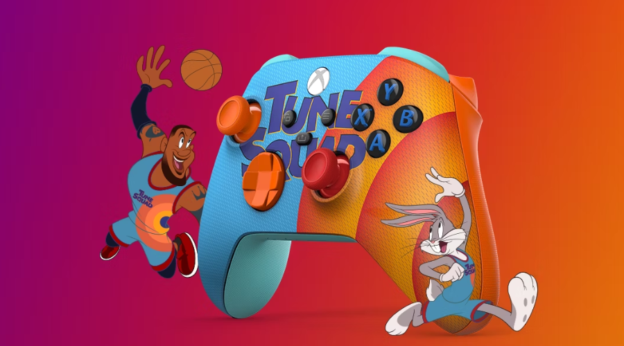 Space Jam Xbox controller in blue and orange.