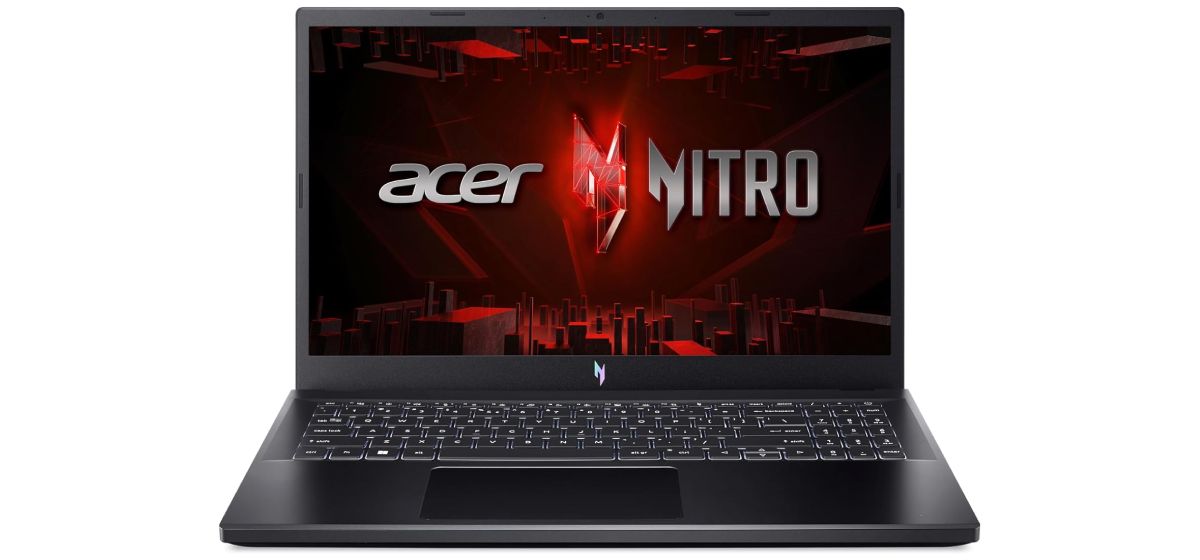 Acer Nitro V product image of a black laptop with white backlit keys and red branding on the display.