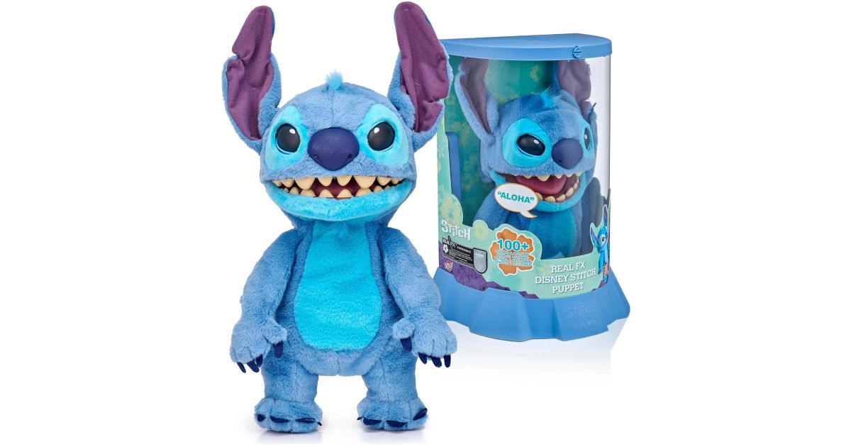 WOW! Stuff: RealFX Disney Plush of Stitch inside and outside its box.