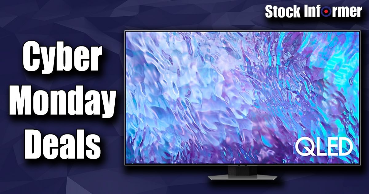 A Samsung QLED TV with a purple and blue rippling pattern on the display next "CYBER MONDAY DEALS" branding in white.