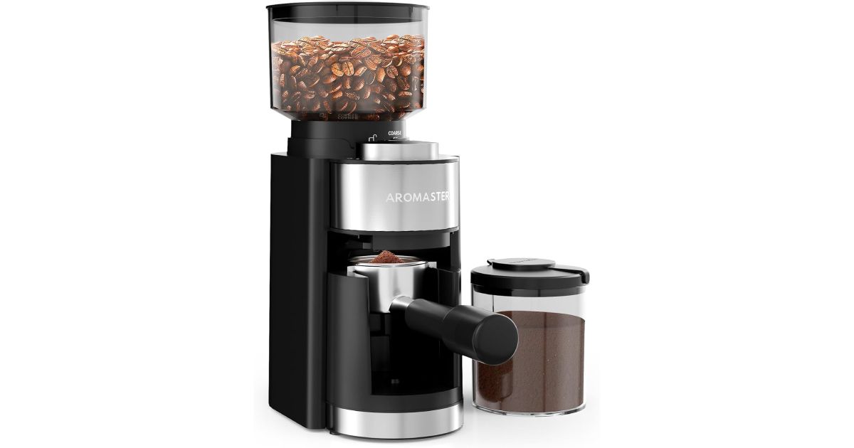 Aromaster product image of a black and silver coffee grinder with beans in it and coffee next to it.