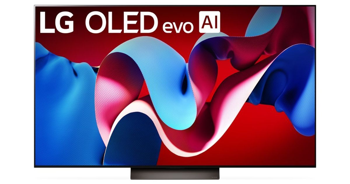 LG OLED evo C4 product image of a dark gray near-frameless TV with a red and blue pattern on the display.