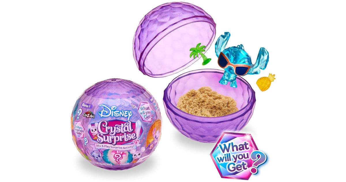 Cra-Z-Art Disney Crystal Surprise with Stitch on some sand inside a pink translucent ball.