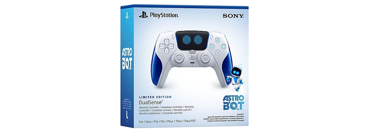 A light blue box for the special Astro Bot PS5 DualSense controller in white and blue.