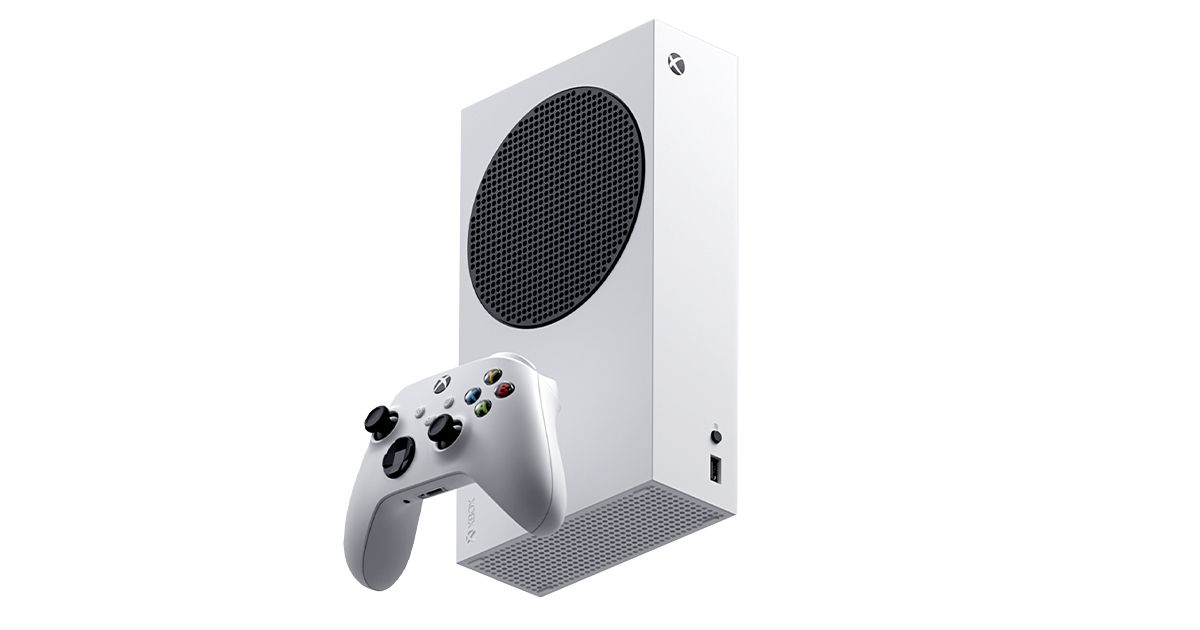 A white rectangular Xbox with a black circle on the front panel with a white controller next to it.