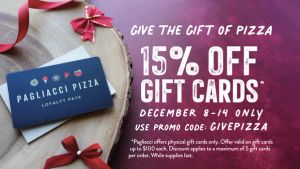 15% Off Gift Cards December 8-14