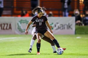 Graduate student Leahi Manthei playing for the Seattle University's 2021 Women's Soccer team.