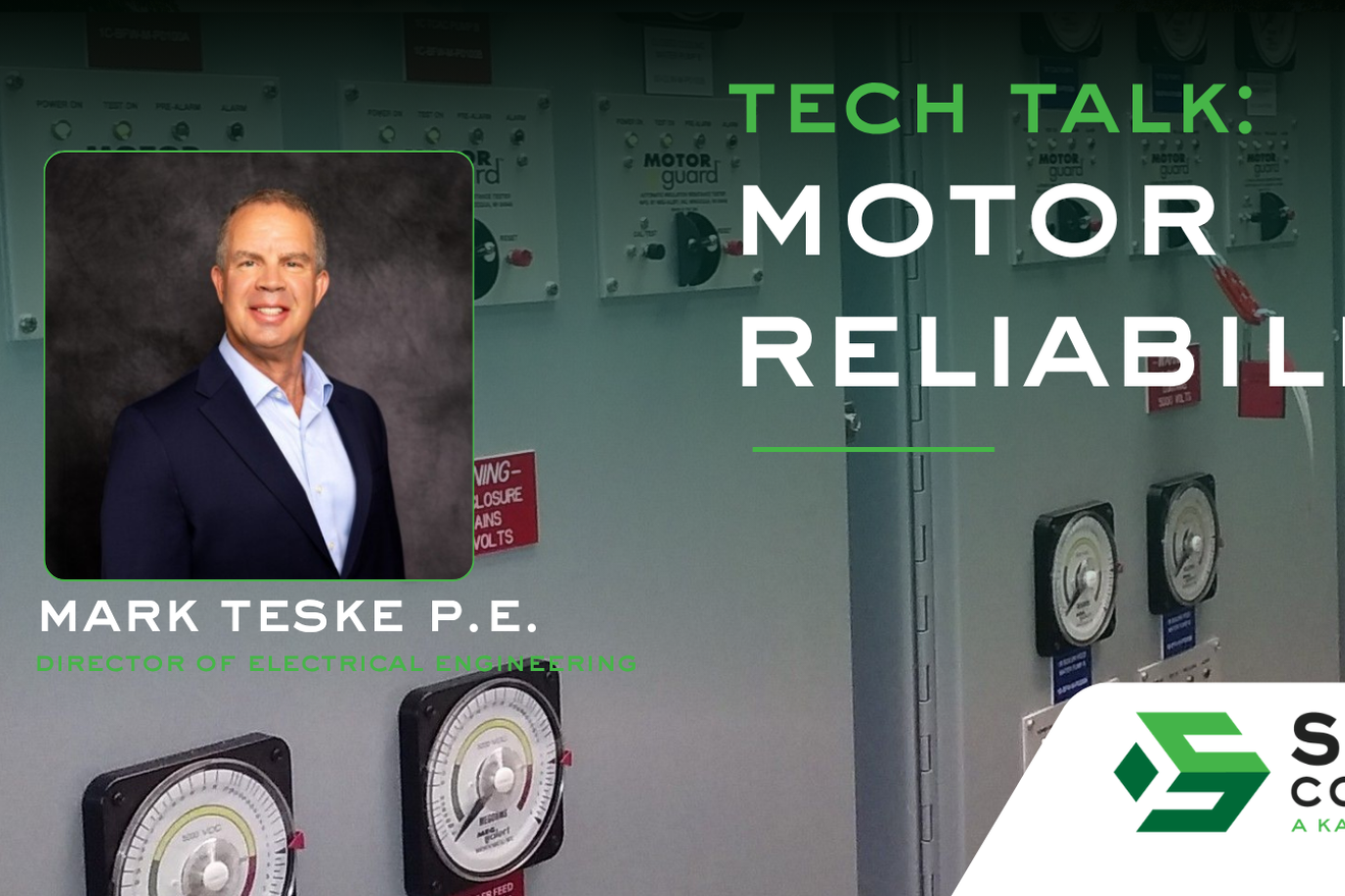 Tech Talk: Motor Reliability graphic featuring Mark Teske, P.E., Director of Electrical Engineering at The Sack Company, in front of motor control panels fitted with Meg-Alert insulation resistance meters.