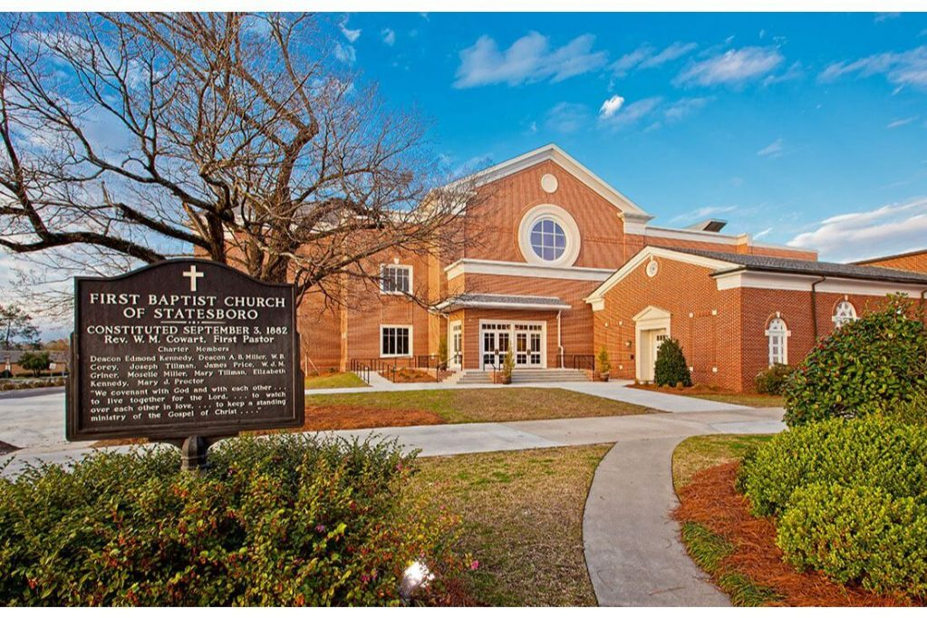 First Baptist Church of Statesboro, a red brick church with its historical marker out front