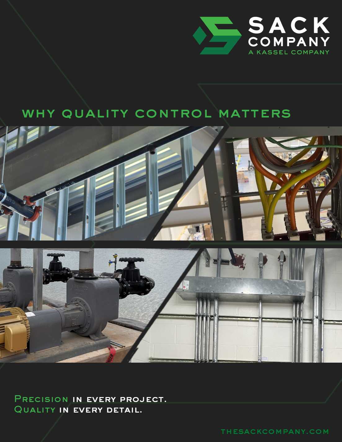 Sack Company graphic titled 'Why Quality Control Matters' with a grid of jobsite photos showing electrical wiring, plumbing and pump equipment, and mechanical piping installations, and the tagline 'Precision in every project. Quality in every detail.'