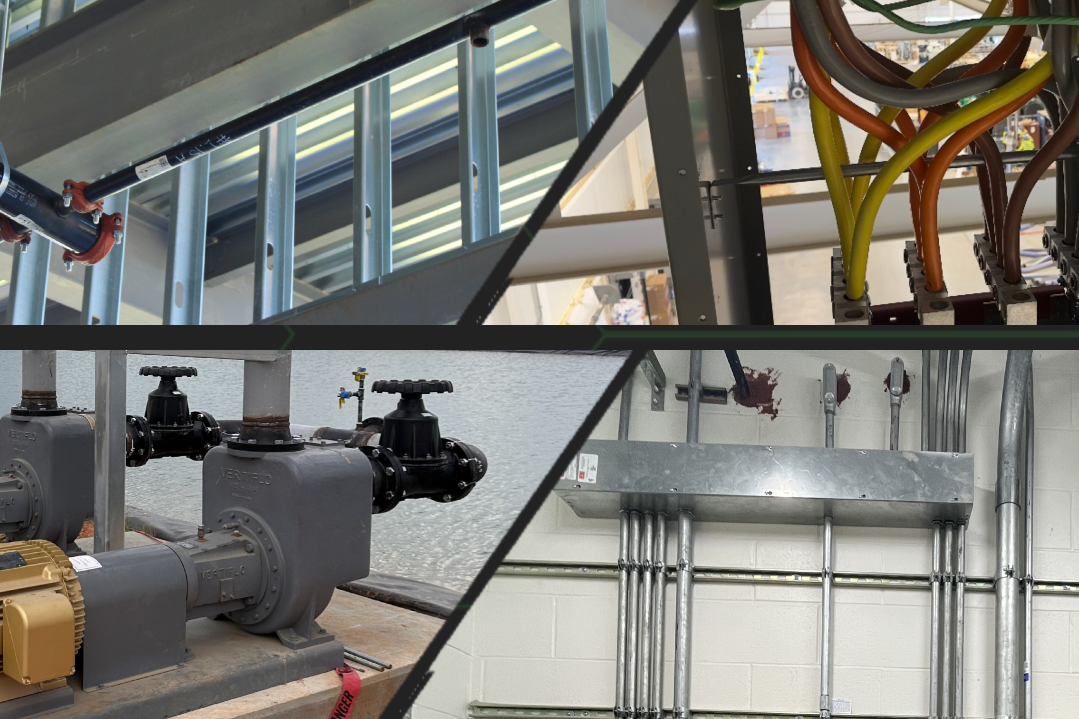 Sack Company graphic titled 'Why Quality Control Matters' with a grid of jobsite photos showing electrical wiring, plumbing and pump equipment, and mechanical piping installations, and the tagline 'Precision in every project. Quality in every detail.'