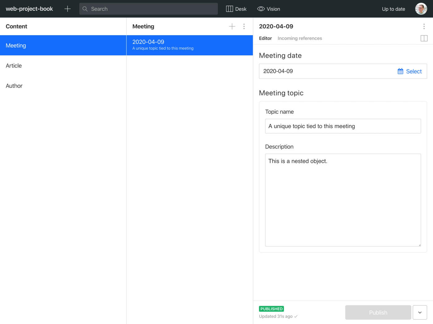 Meeting document type with topic object