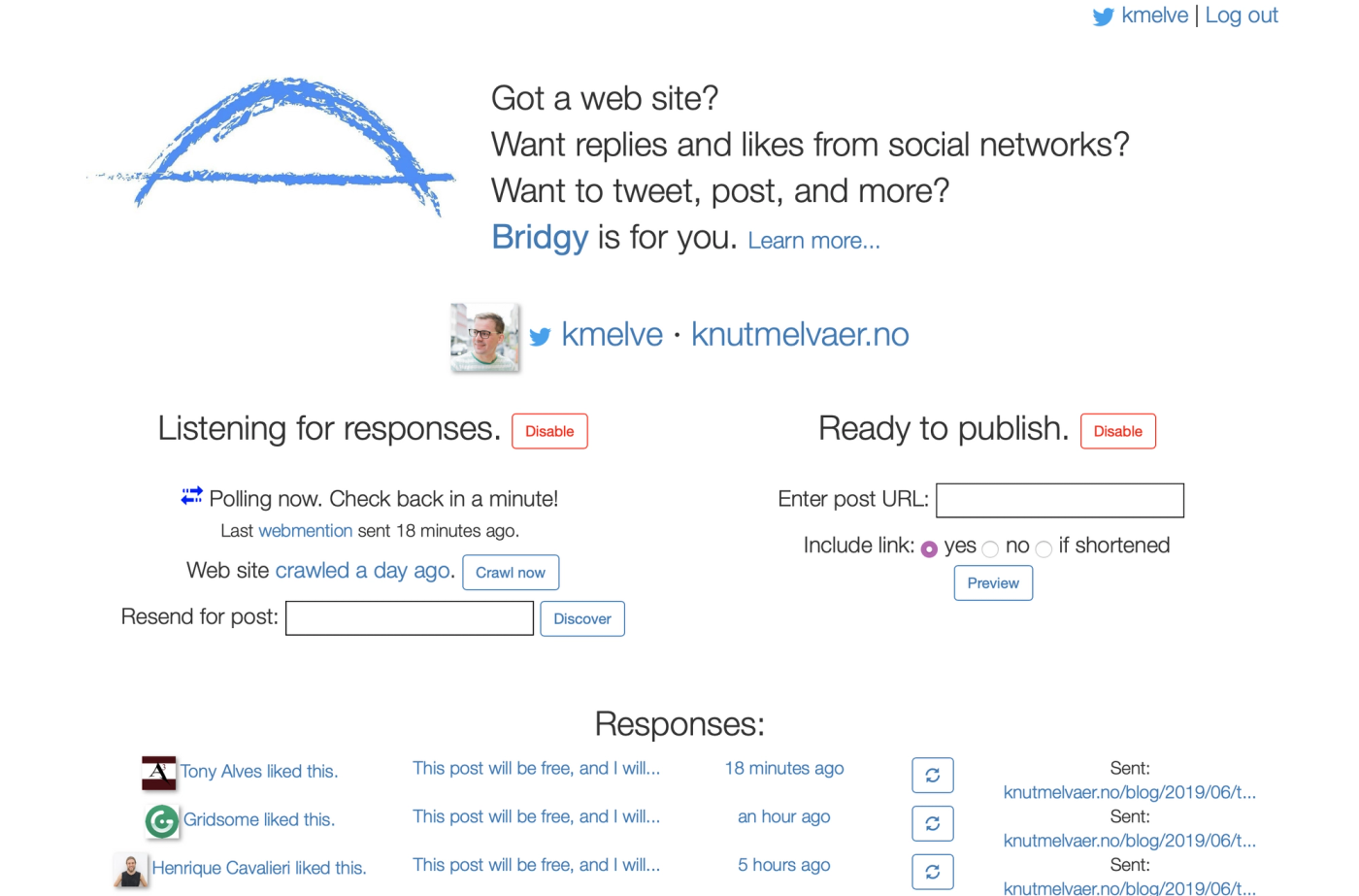 The brid.gy interface listening for responses.