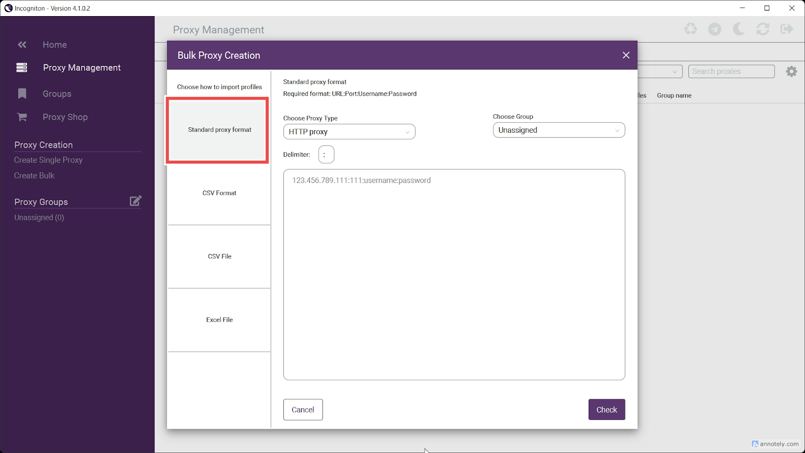 The standard proxy format for bulk proxy creation