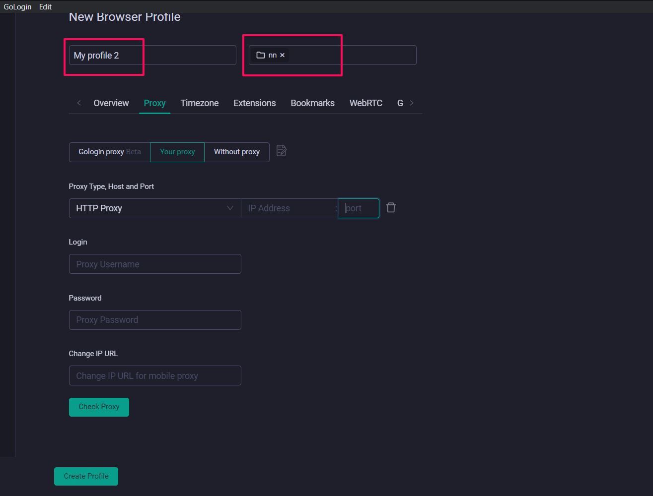 Image depicting how to set a new profile in GoLogin