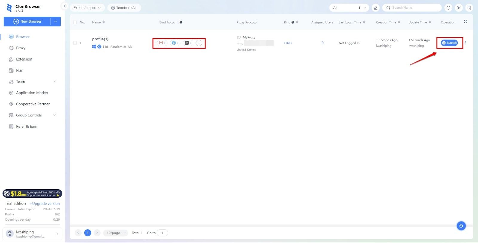 Launch browser button in ClonBrowser